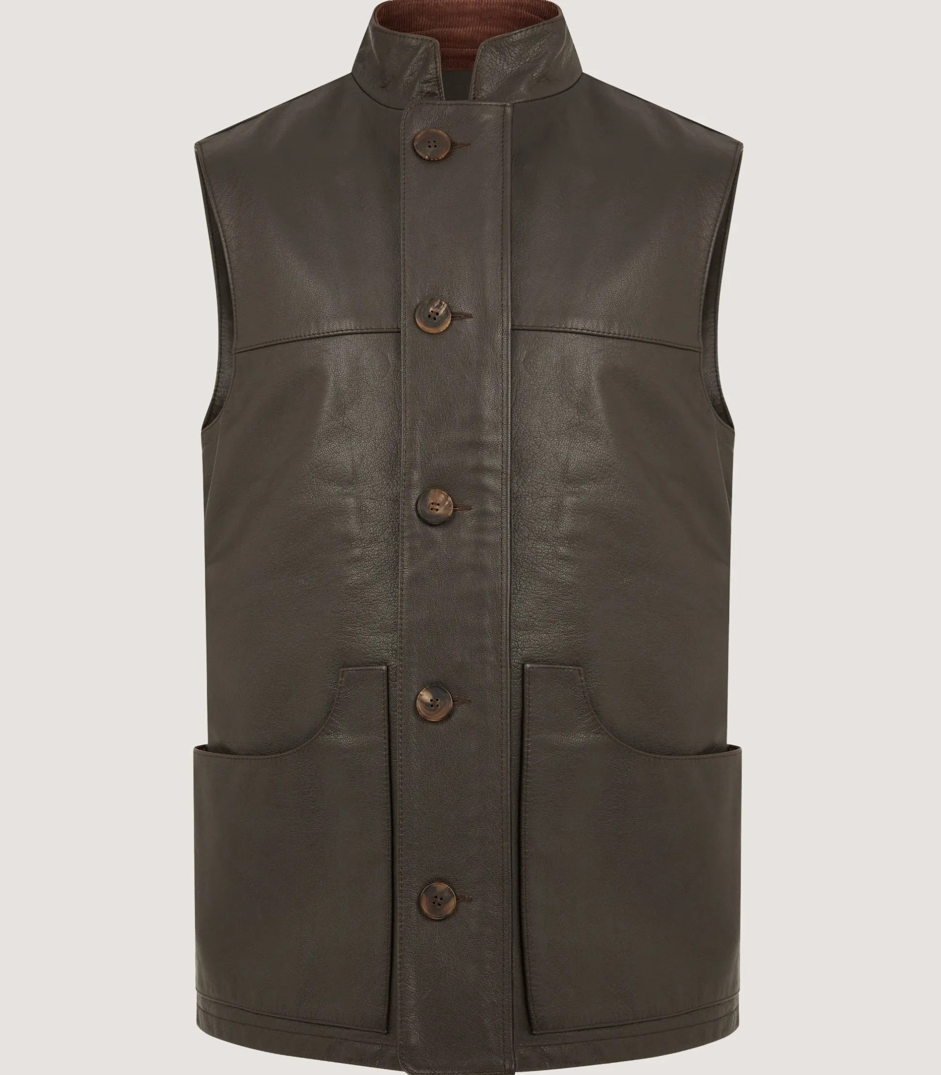 Men's High Collar Leather Sporting Vest In Brown