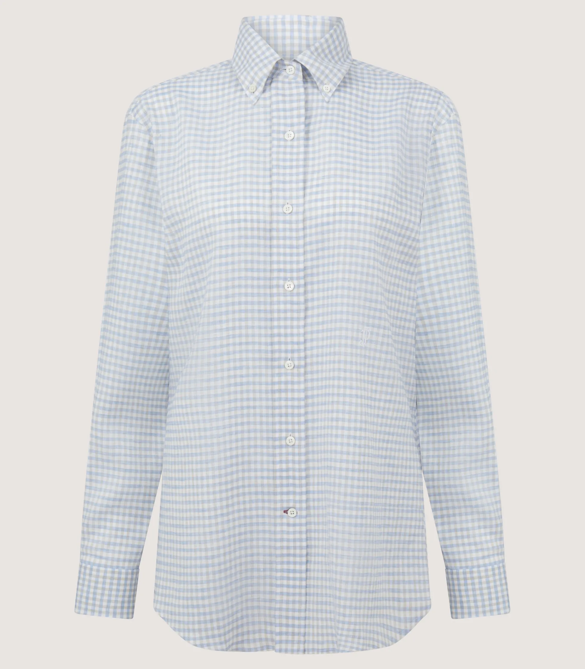 Women's Pale Indigo Linen Shepherd Check Button Down Shirt