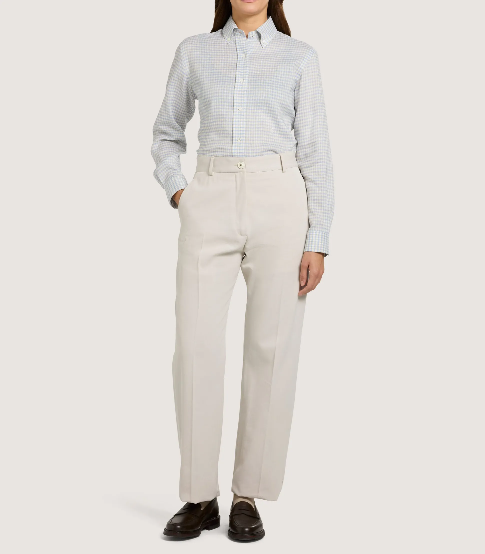 Women's Pale Indigo Linen Shepherd Check Button Down Shirt