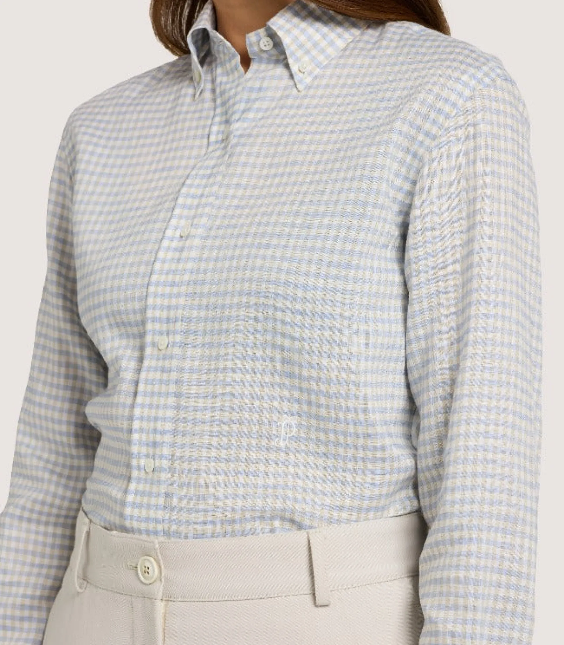 Women's Pale Indigo Linen Shepherd Check Button Down Shirt