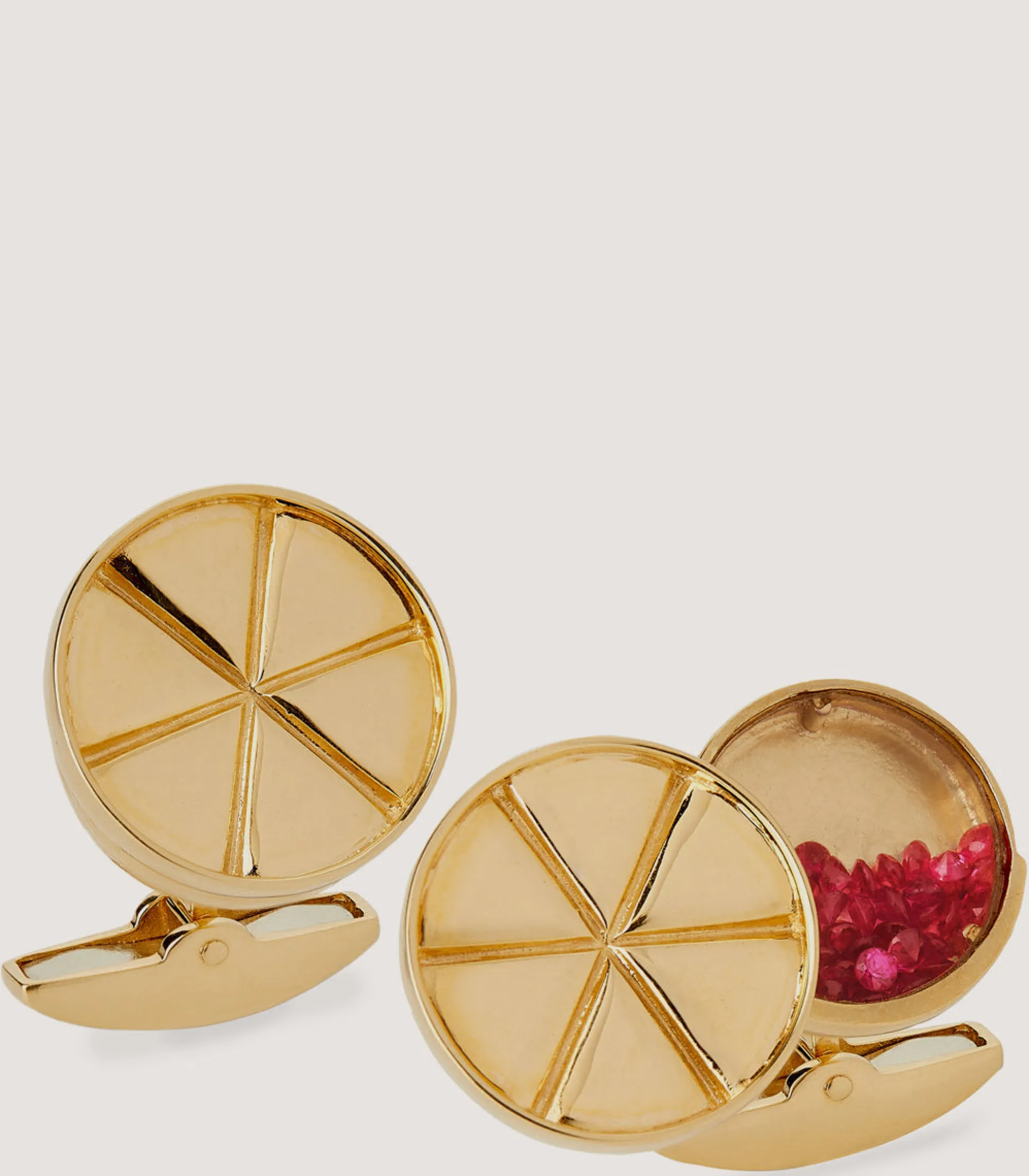 Gold Opening Crimp Cufflinks With Ruby Shot In Gold