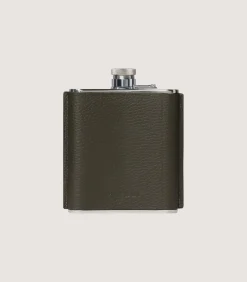 Grain Leather Hip Flask In Olive Green