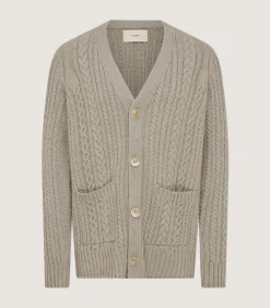 Men's Cashmere Cable And Rib V Neck Cardigan In Drab