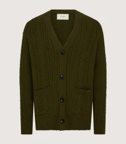 Men's Cashmere Cable And Rib V Neck Cardigan In Military