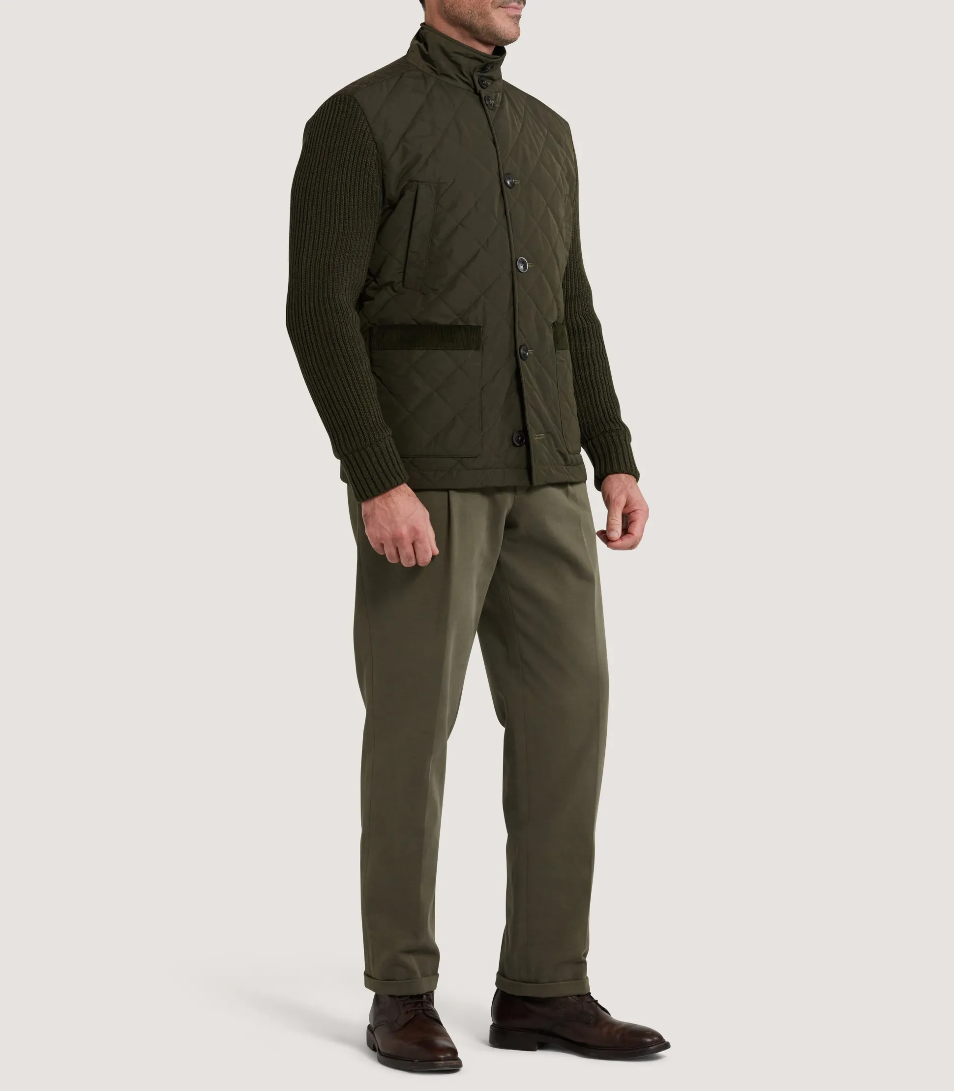 Men's Devonshire Nylon Quilted Zip Front Cardigan in Loden