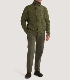 Men's Donegal Aran Full Zip Cardigan in Moss