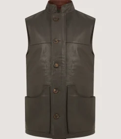 Men's High Collar Leather Sporting Vest In Brown