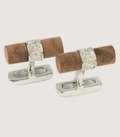 Silver Scroll Walnut Bar Cufflinks In Silver
