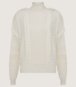 Women's Cashmere Sweater Blouse With Lace Trim In Ivory