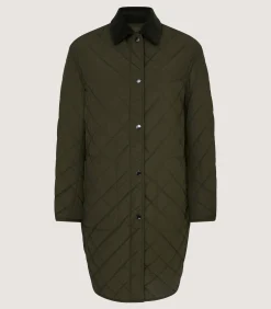 Women's Long Quilted Purdey Jacket in Dark Olive