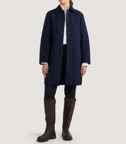 Women's Long Quilted Purdey Jacket in Navy