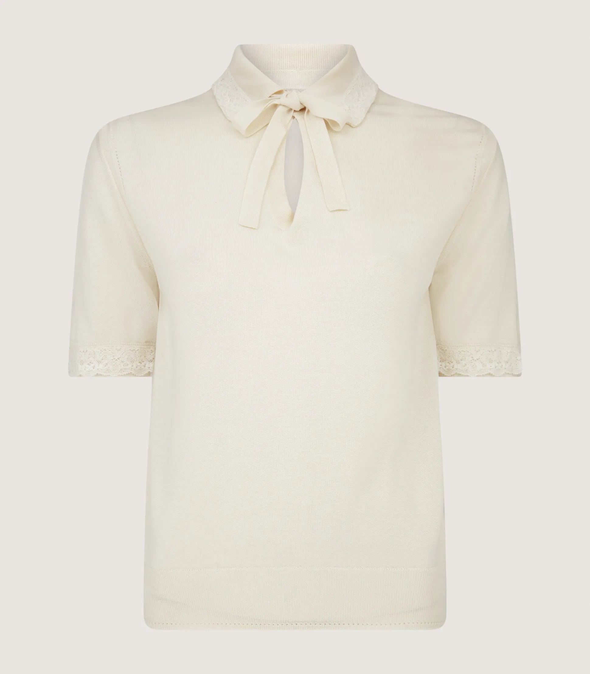 Women's Silk Jersey Polo Shirt with Lace Trim in Ivory