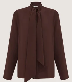 Women's Silk Scarf Neck Blouse in Umber