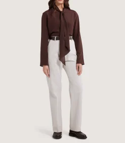 Women's Silk Scarf Neck Blouse in Umber