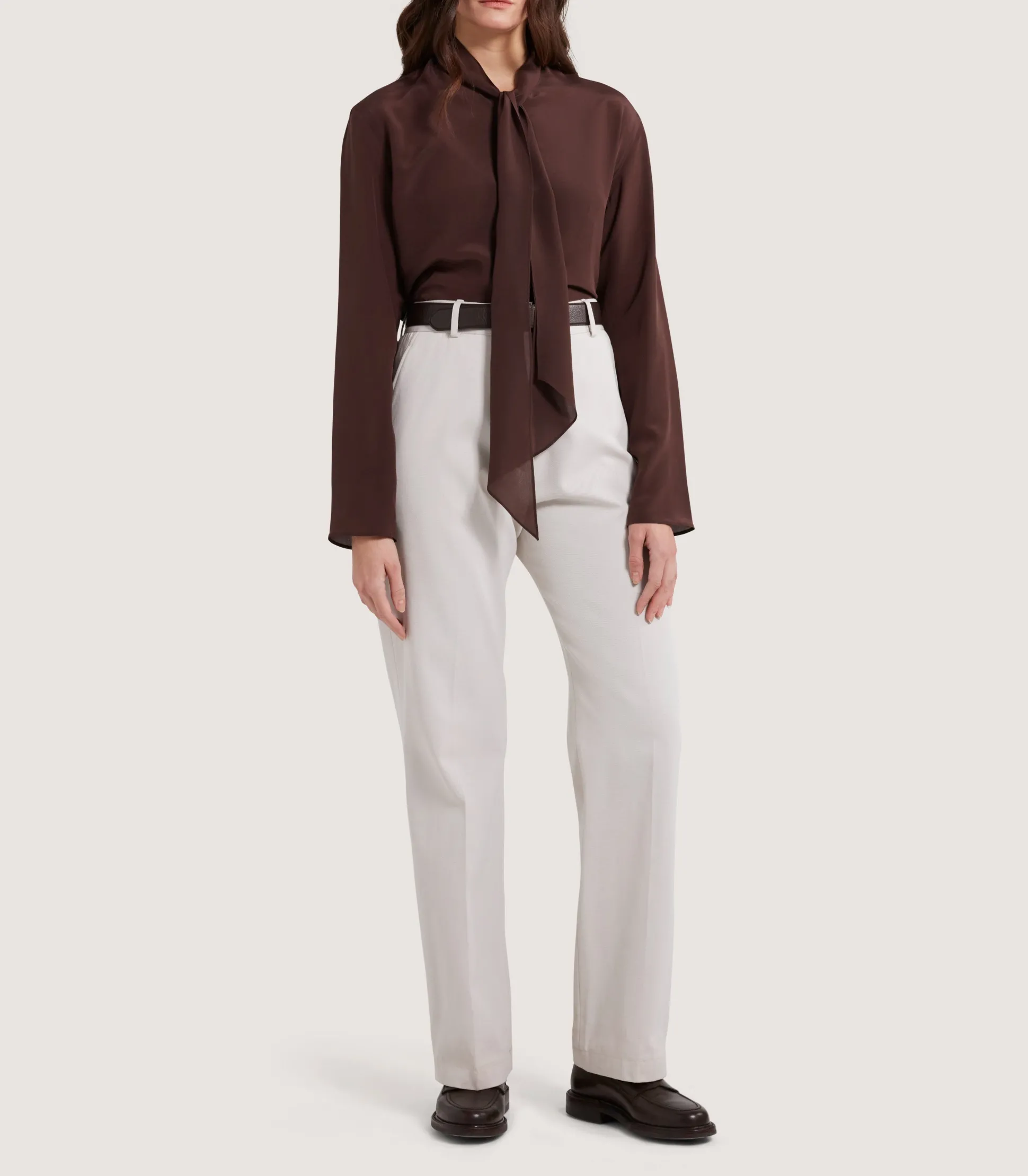 Women's Silk Scarf Neck Blouse in Umber