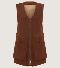 Women's Suede Zipped Sporting Vest in Tan